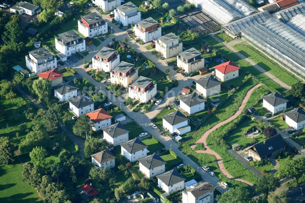 Berlin aus der Vogelperspektive: Wohngebiet einer Einfamilienhaus- Siedlung Am Römersgrün im Ortsteil Britz in Berlin, Deutschland