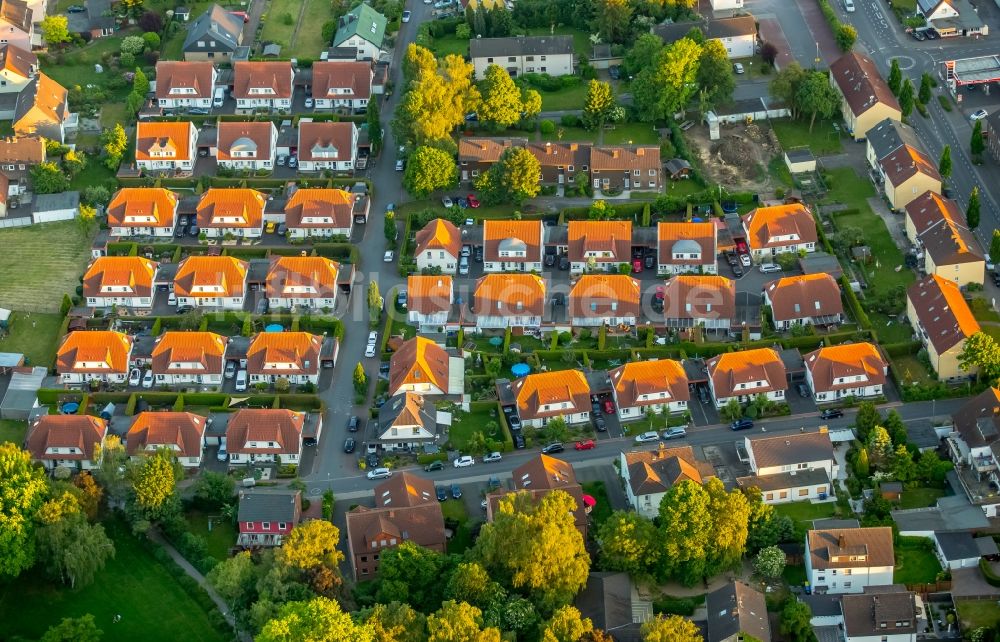 Luftaufnahme Bergkamen - Wohngebiet einer Einfamilienhaus- Siedlung zwischen der Schulstraße und der Pfalzstraße im Ortsteil Weddinghofen in Bergkamen im Bundesland Nordrhein-Westfalen, Deutschland