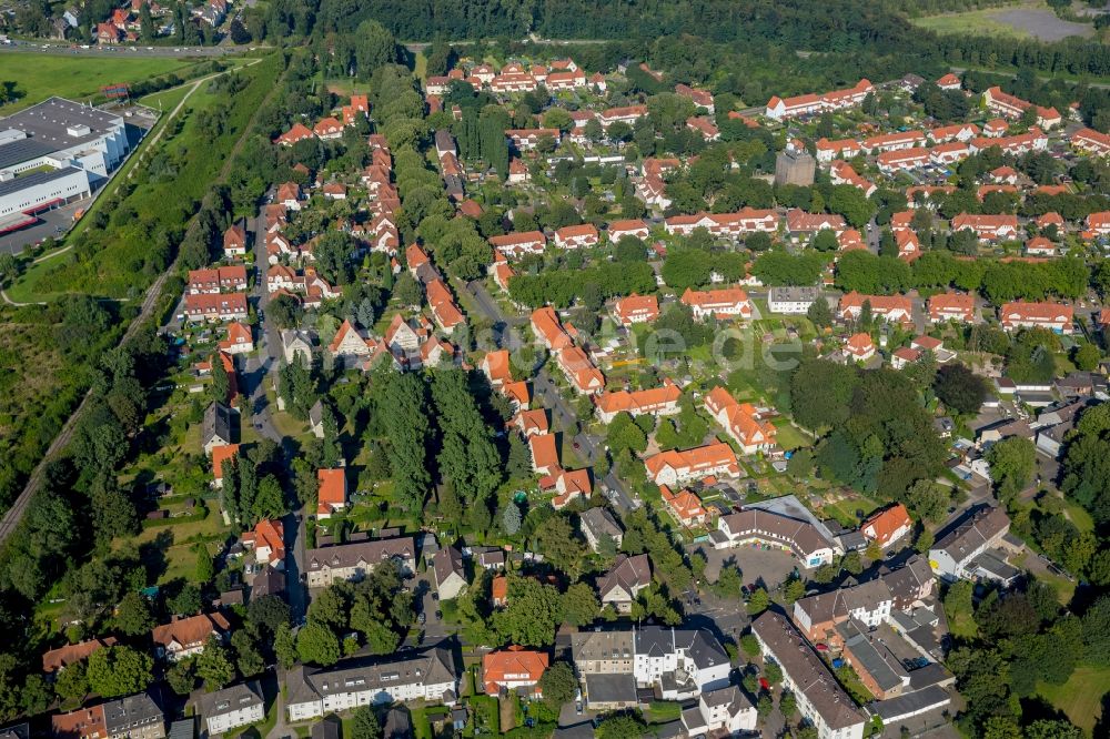 Bottrop aus der Vogelperspektive: Wohngebiet einer Mehrfamilienhaussiedlung Gartenstadt Welheim in Bottrop im Bundesland Nordrhein-Westfalen