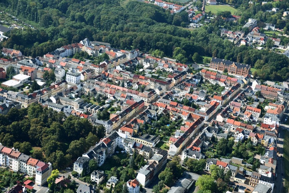 Luftbild Meerane - Wohngebiet einer Mehrfamilienhaussiedlung Karlstraße - Oststraße in Meerane im Bundesland Sachsen