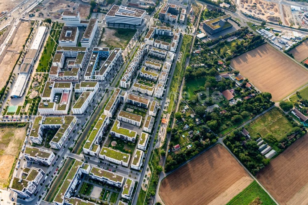 Heidelberg aus der Vogelperspektive: Wohngebiet der Mehrfamilienhaussiedlung im Ortsteil Bahnstadt in Heidelberg im Bundesland Baden-Württemberg, Deutschland