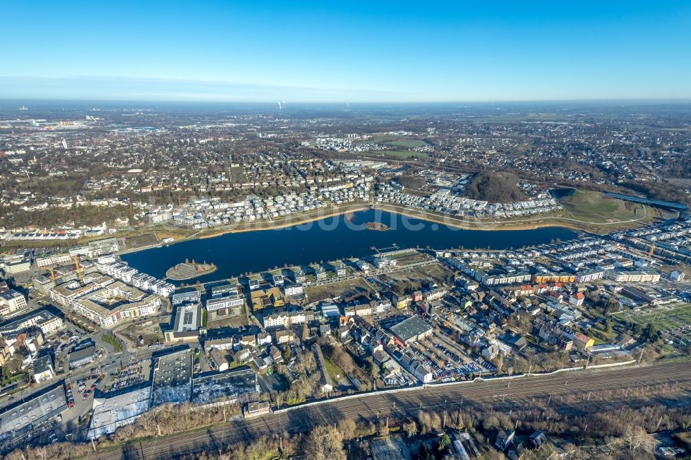 Dortmund aus der Vogelperspektive: Wohngebiet der Mehrfamilienhaussiedlung am Phoenixsee im Ortsteil Hörde in Dortmund im Bundesland Nordrhein-Westfalen, Deutschland