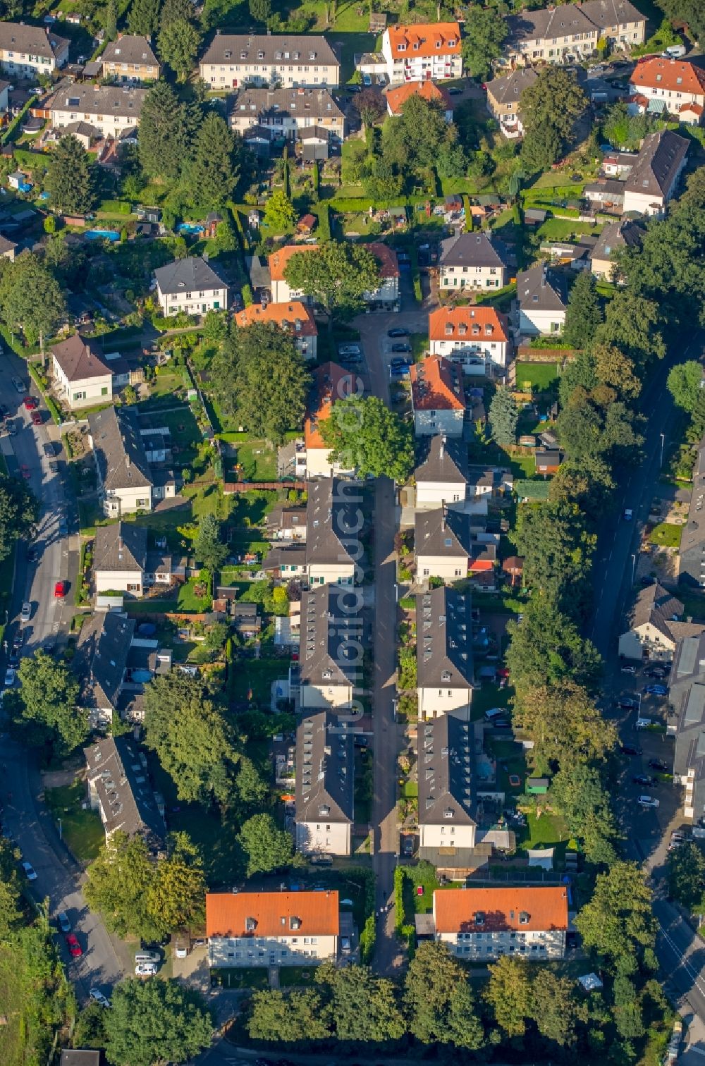 Mülheim an der Ruhr aus der Vogelperspektive: Wohngebiet der Mehrfamilienhaussiedlung Siedlung Papenbusch in Mülheim an der Ruhr im Bundesland Nordrhein-Westfalen