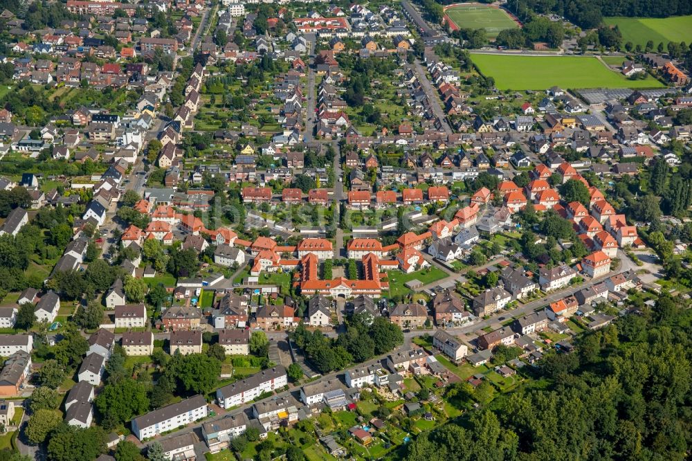 Lünen von oben - Wohngebiet der Mehrfamilienhaussiedlung Siedlung Wevelsbacher Weg in Lünen im Bundesland Nordrhein-Westfalen