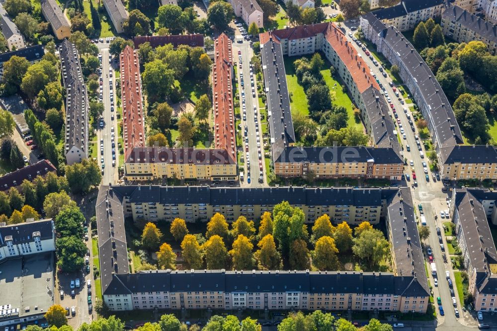 Dortmund aus der Vogelperspektive: Wohngebiet der Mehrfamilienhaussiedlung Sonnenstraße - Studtstraße - Roseggerstraße im Ortsteil Tremonia in Dortmund im Bundesland Nordrhein-Westfalen, Deutschland