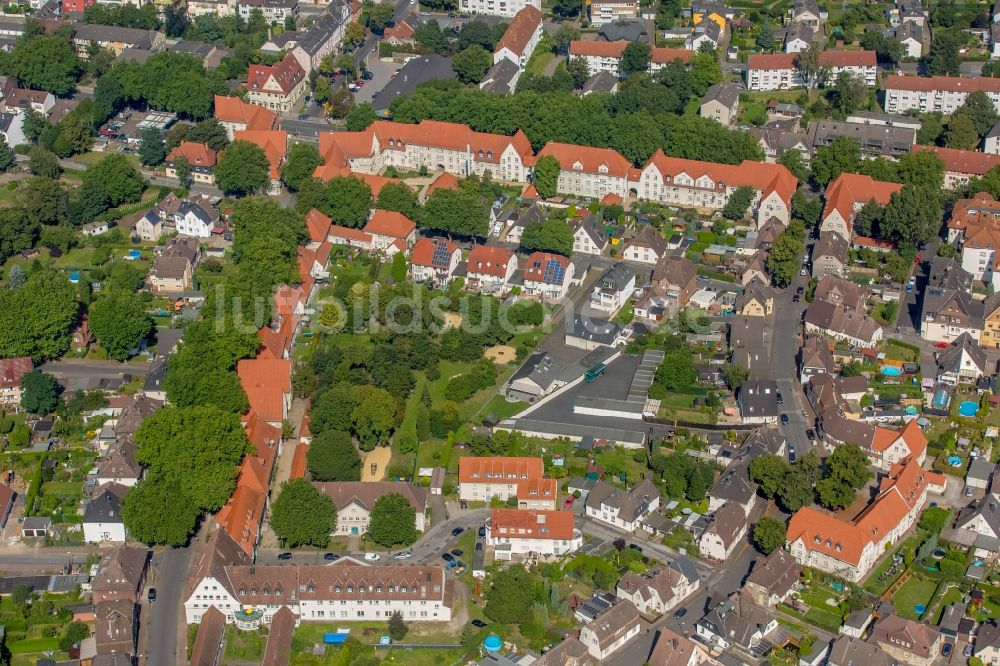 Lünen aus der Vogelperspektive: Wohngebiet der Mehrfamilienhaussiedlung Victoria-Siedlung in Lünen im Bundesland Nordrhein-Westfalen