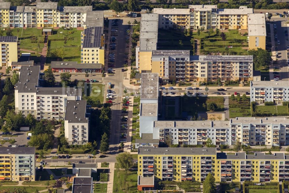 Luftaufnahme Greifswald - Wohngebiet mit Mehrfamilienhäusern in Form DDR - typischer Plattenbauten an der Anklamer Straße im Südosten von Greifwald in Mecklenburg-Vorpommern