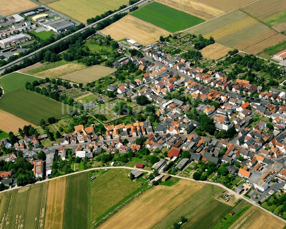 Lang-Göns aus der Vogelperspektive: Wohngebiet - Mischbebauung der Mehr- und Einfamilienhaussiedlung in Lang-Göns im Bundesland Hessen, Deutschland