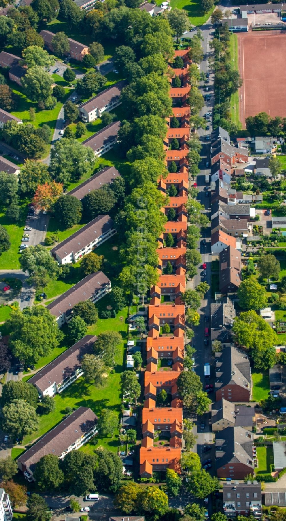 Luftaufnahme Gelsenkirchen - Wohngebiet einer Reihenhaus- Siedlung in Gelsenkirchen im Bundesland Nordrhein-Westfalen