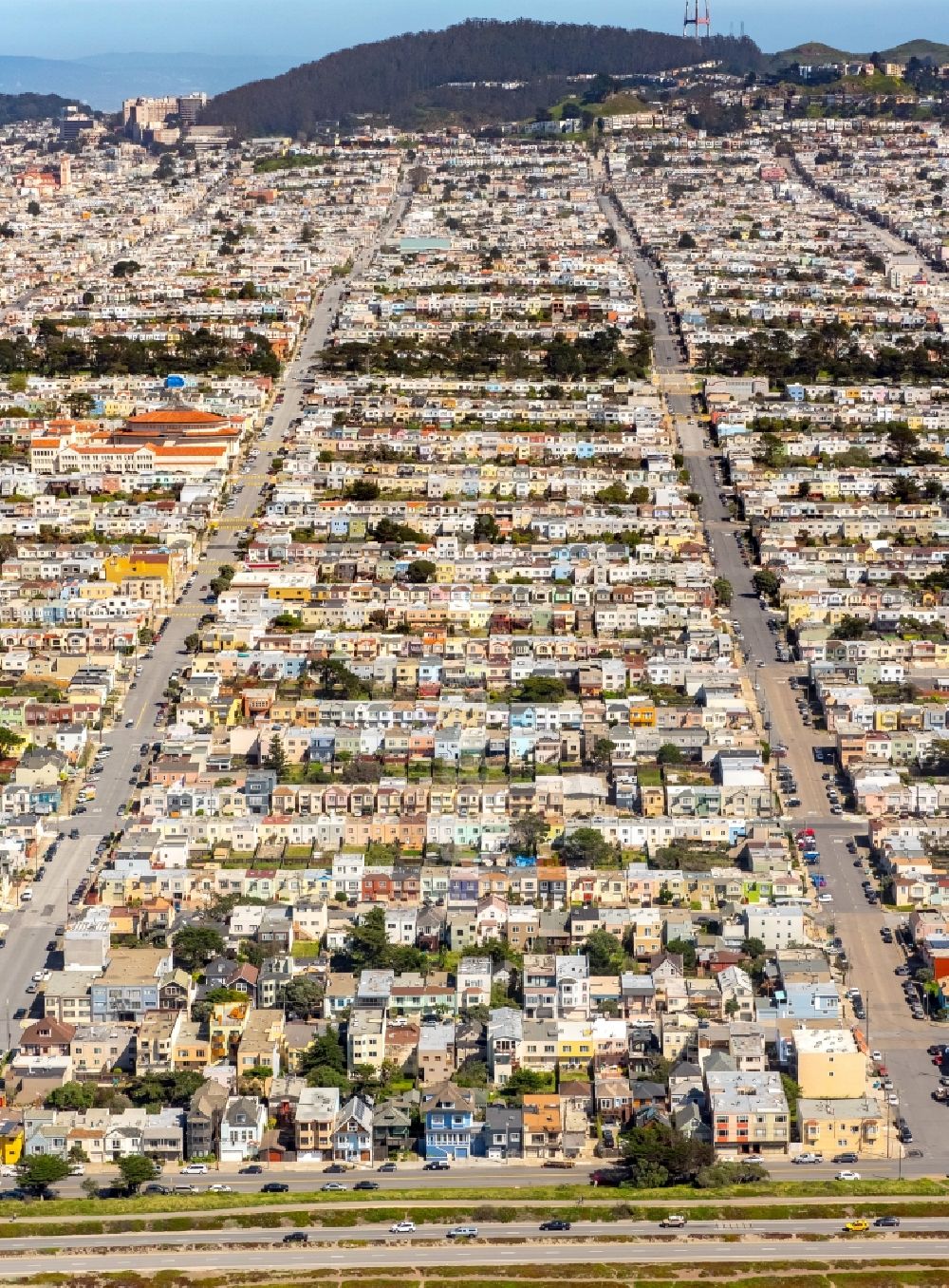 Luftaufnahme San Francisco - Wohngebiet einer Reihenhaus- Siedlung Outer Richond mit Balboa Street, Cabrillo Street und Fulton Street in San Francisco in Kalifornien, USA