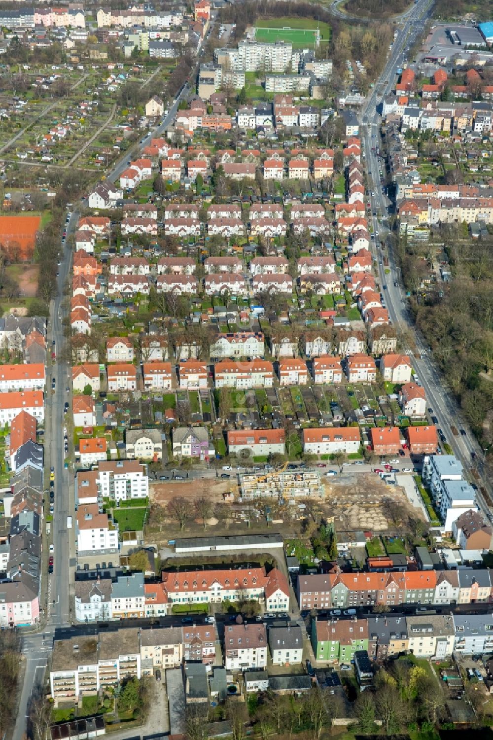 Herne aus der Vogelperspektive: Wohngebiet einer Reihenhaus- Siedlung Wilhelmstraße - Emscherstraße - Vereinsstraße im Ortsteil Wanne-Eickel in Herne im Bundesland Nordrhein-Westfalen