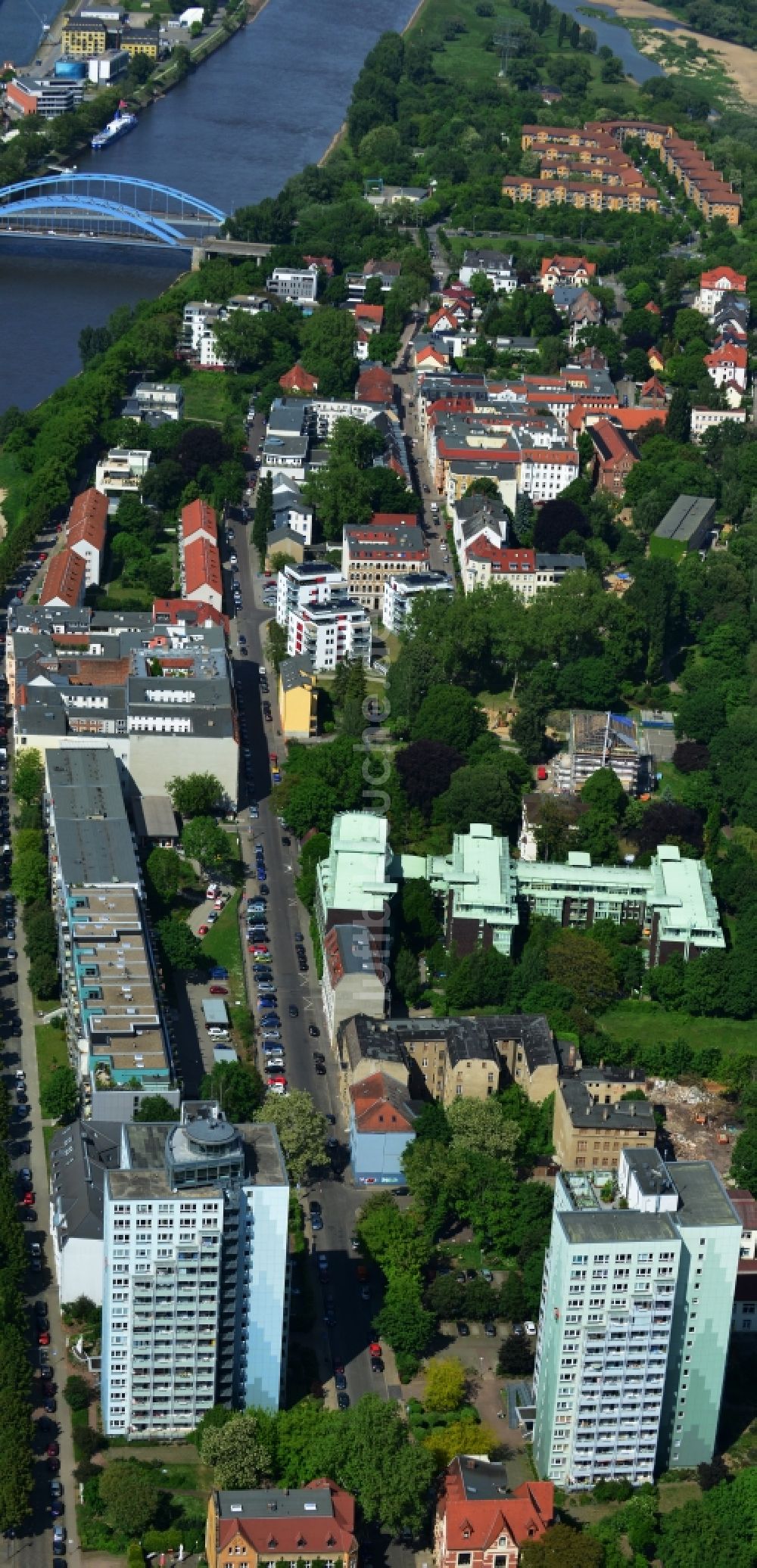 Magdeburg aus der Vogelperspektive: Wohngebiete auf der Werder - Insel am Ufer der Elbe und der Alten Elbe in Magdeburg im Bundesland Sachsen-Anhalt