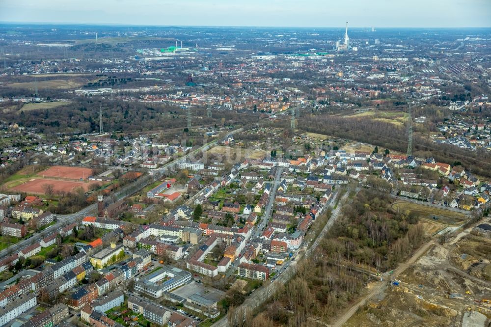 Luftaufnahme Gelsenkirchen - Wohngebiets- Siedlung entlang der Chattenstraße - Konradstraße in Gelsenkirchen im Bundesland Nordrhein-Westfalen, Deutschland