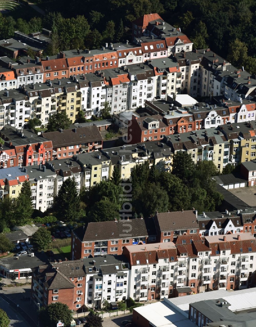 Kiel von oben - Wohngebiets- Siedlung entlang der Heischstraße und der Heintzestraße in Kiel im Bundesland Schleswig-Holstein