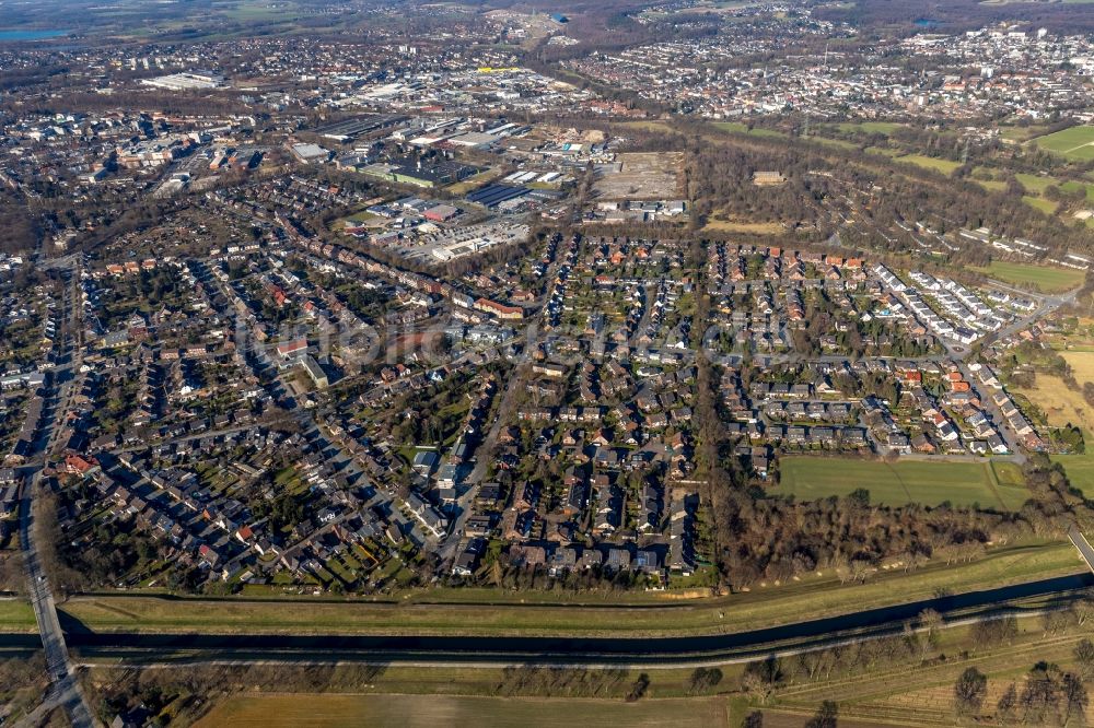 Dinslaken aus der Vogelperspektive: Wohngebiets- Siedlung entlang der Weststraße - Buchenstraße in Dinslaken im Bundesland Nordrhein-Westfalen, Deutschland