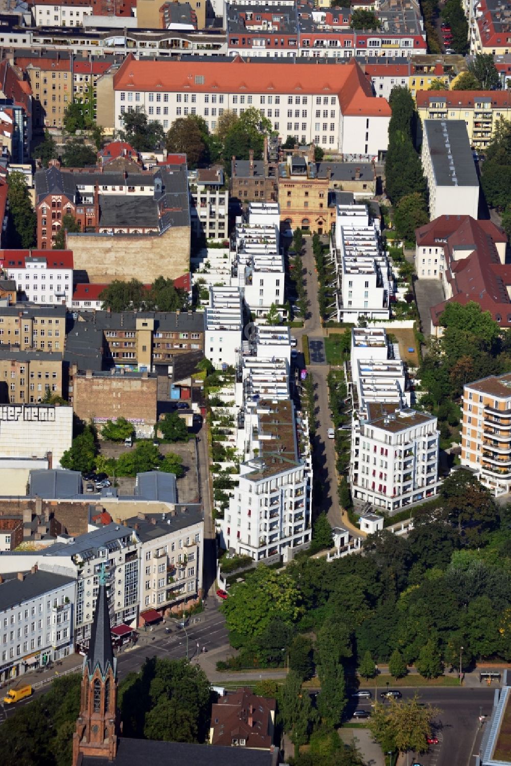 Berlin Friedrichshain von oben - Wohnhaus - Neubaugebiet Prenzlauer Gärten im Stadtteil Friedrichshain von Berlin