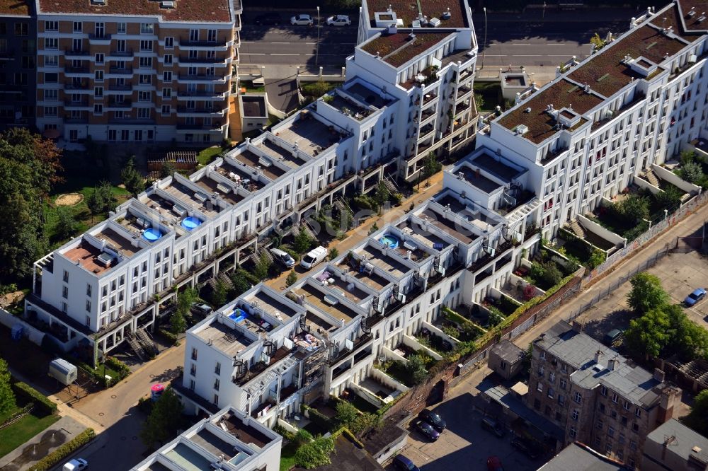 Berlin Friedrichshain von oben - Wohnhaus - Neubaugebiet Prenzlauer Gärten im Stadtteil Friedrichshain von Berlin