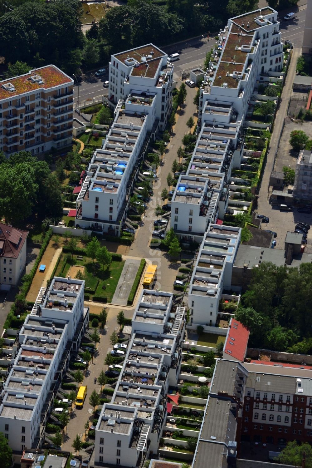 Berlin Friedrichshain aus der Vogelperspektive: Wohnhaus - Neubaugebiet Prenzlauer Gärten im Stadtteil Friedrichshain von Berlin