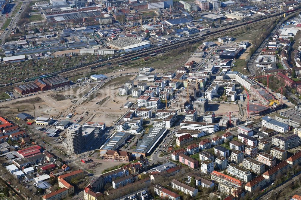 Luftaufnahme Freiburg im Breisgau - Wohnungsbau im neuen Stadtteil Güterbahnhof Nord im Stadtgebiet Brühl in Freiburg im Breisgau im Bundesland Baden-Württemberg, Deutschland