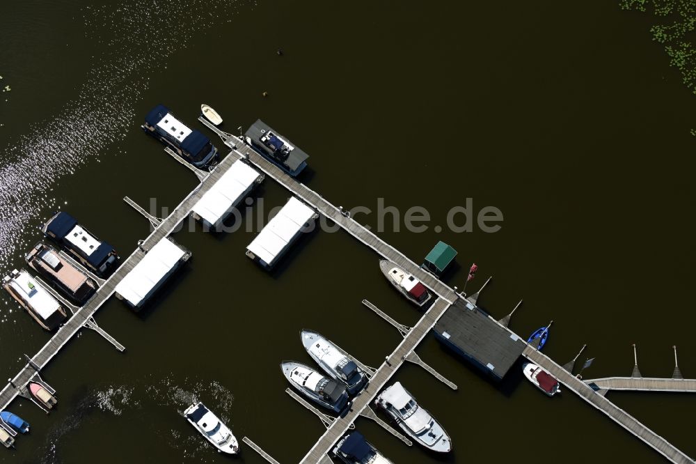 Luftaufnahme Buchholz - Yachthafen mit Anlegestellen und Bootsliegeplätzen am Uferbereich des Müritzsees in Buchholz im Bundesland Mecklenburg-Vorpommern