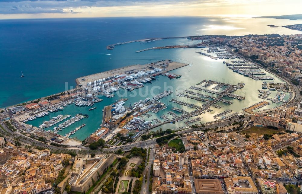 Palma von oben - Yachthafen mit Sportboot- Anlegestellen und Bootsliegeplätzen am Uferbereich Port de Palma in Palma in Balearische Insel Mallorca, Spanien