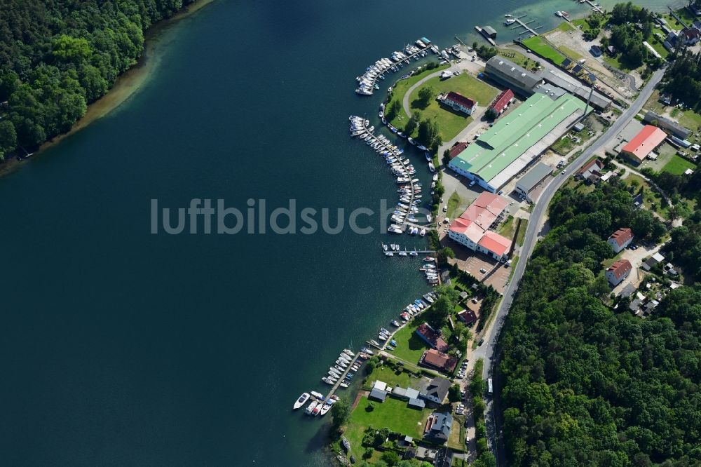 Joachimsthal aus der Vogelperspektive: Yachthafen mit Sportboot- Anlegestellen und Bootsliegeplätzen am Uferbereich des Werbellinsee in Joachimsthal im Bundesland Brandenburg, Deutschland