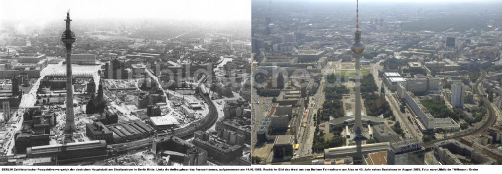 Luftaufnahme Berlin - Zeithistorischer Perspektivenvergleich: Stadtansicht Mitte mit Deutschlands höchsten Bauwerk , dem Berliner Fernsehturm