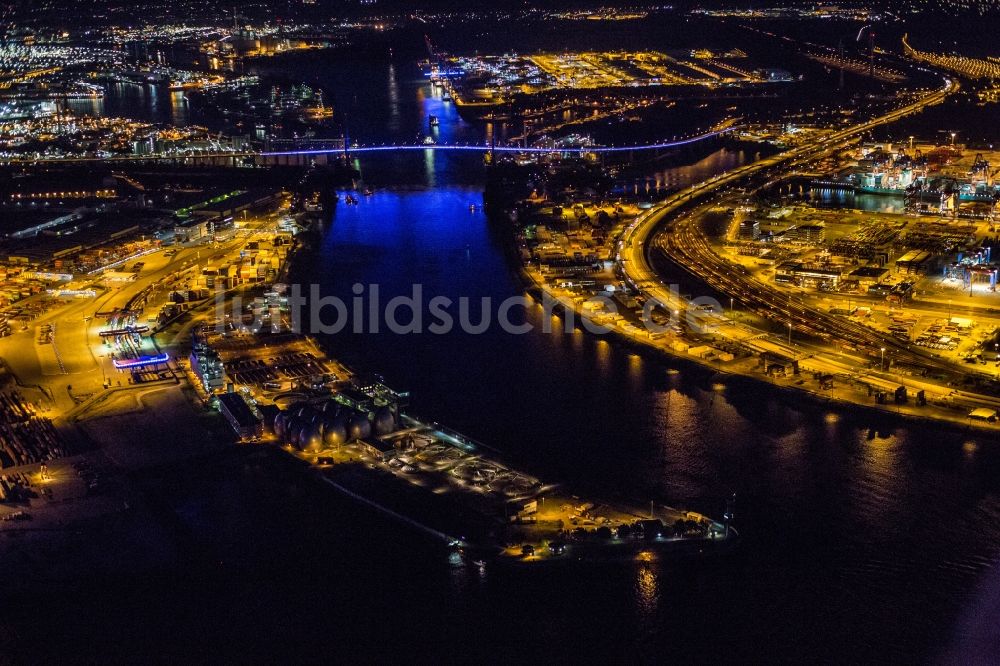 Hamburg bei Nacht von oben - Nachtluftbild auf Be- und Entladearbeiten von Containern am Kai der HHLA Logistics Container Terminal des Hamburger Hafens in Hamburg