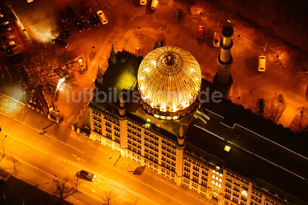 Dresden bei Nacht von oben - Nachtluftbild Büro- und Geschäftshaus Yenidze in Dresden im Bundesland Sachsen, Deutschland