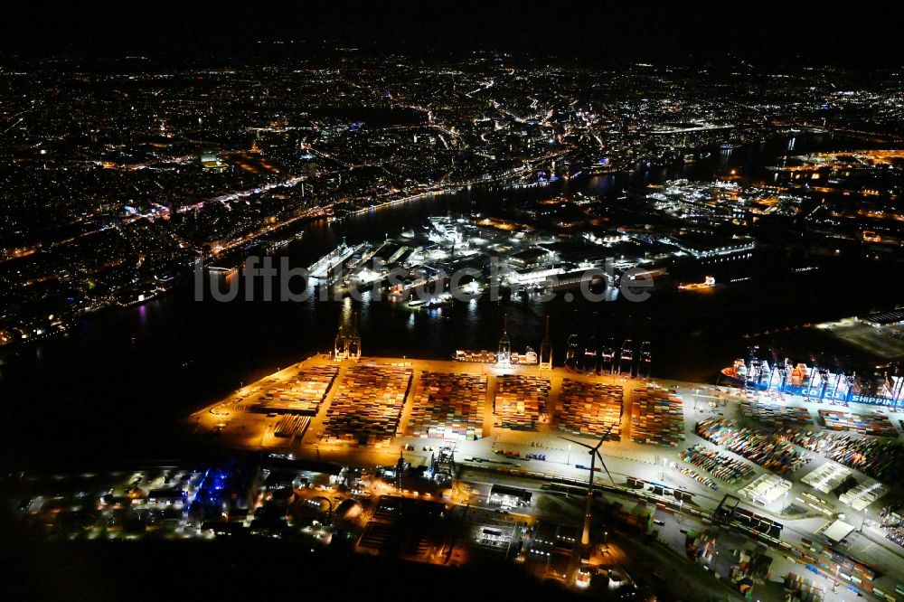 Hamburg bei Nacht aus der Vogelperspektive: Nachtluftbild Containerterminal Tollerort im Containerhafen im Stadtteil Steinwerder in Hamburg mit dem Klärwerk Köhlbrandhöft