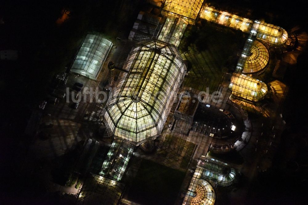 Nacht-Luftaufnahme Berlin - Nachtluftbild der Hauptgebäude und Gewächshäuser- Komplex im Botanischen Garten Berlin-Dahlem in Berlin