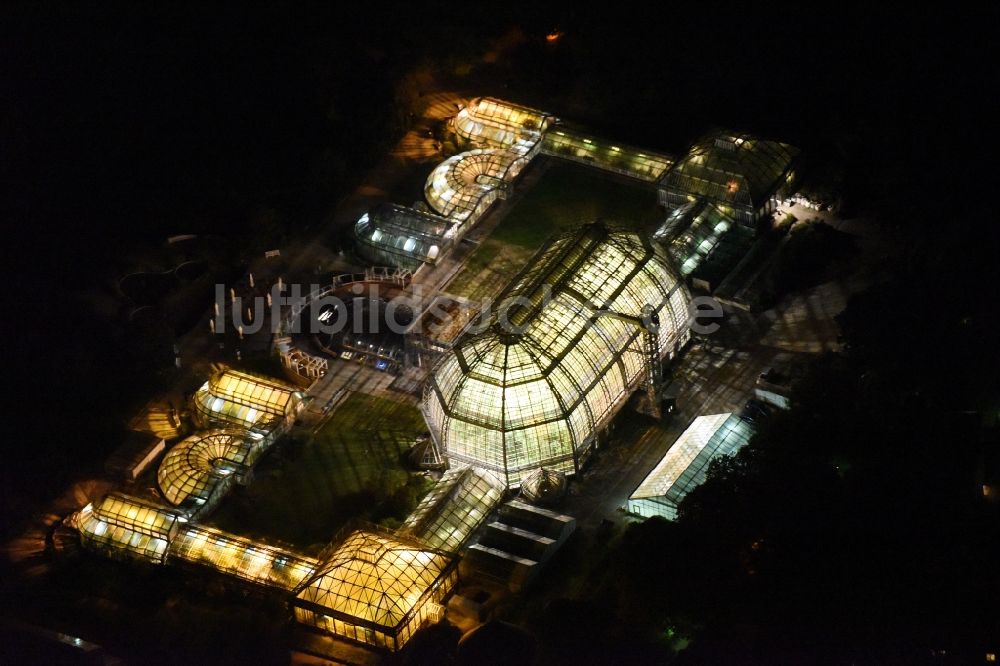 Nacht-Luftaufnahme Berlin - Nachtluftbild der Hauptgebäude und Gewächshäuser- Komplex im Botanischen Garten Berlin-Dahlem in Berlin