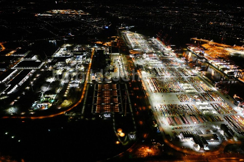 Nacht-Luftaufnahme Hamburg - Nachtluftbild Logistics Container Terminal Burchardkai am Hamburger Hafen in Hamburg