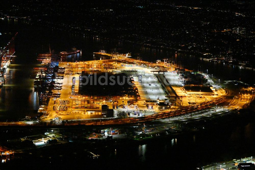 Nacht-Luftaufnahme Hamburg - Nachtluftbild Logistics Container Terminal Burchardkai am Hamburger Hafen in Hamburg