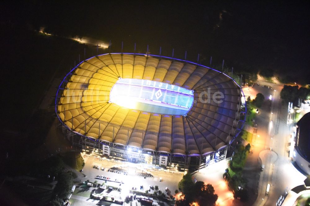 Nachtluftbild Hamburg - Nacht- Beleuchtung des Volksparkstadion - Arena des Hamburger HSV in Hamburg