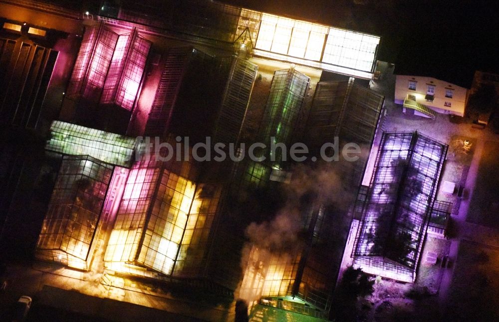 Potsdam bei Nacht von oben - Nachtluftbild Parkanlage und Gewächshausanlagen am Paradiesgarten - Botanischer Garten in Potsdam im Bundesland Brandenburg