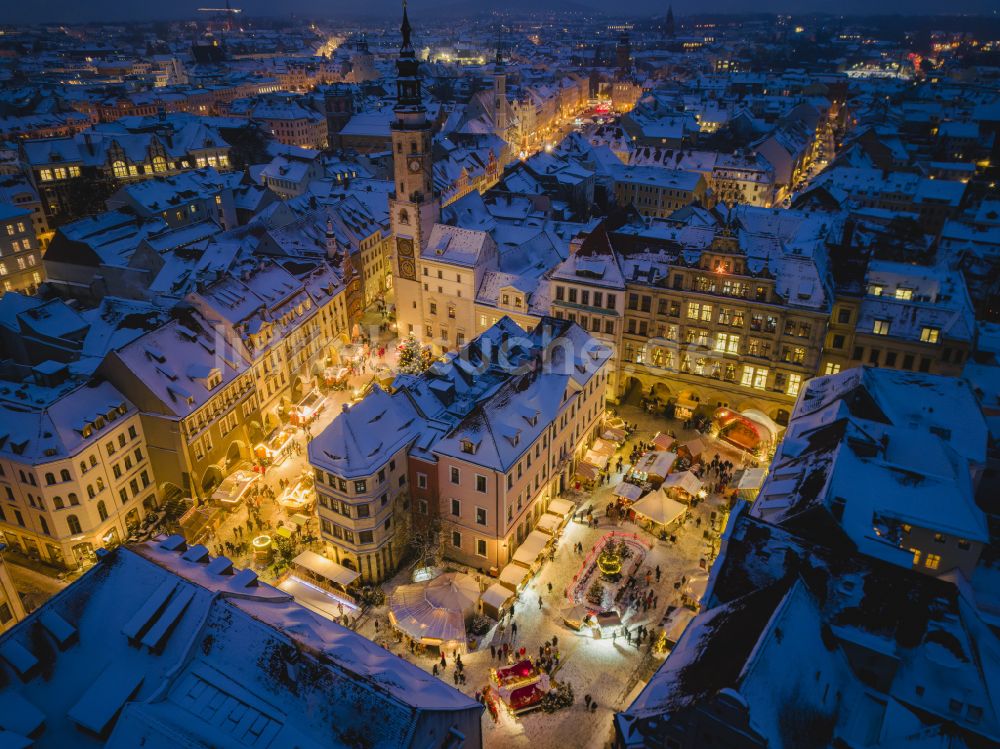 Nacht-Luftaufnahme Görlitz - Nachtluftbild Schlesischer Christkindelmarkt in Görlitz im Bundesland Sachsen, Deutschland