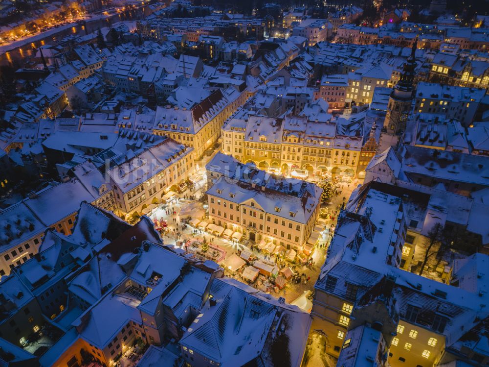 Görlitz bei Nacht von oben - Nachtluftbild Schlesischer Christkindelmarkt in Görlitz im Bundesland Sachsen, Deutschland