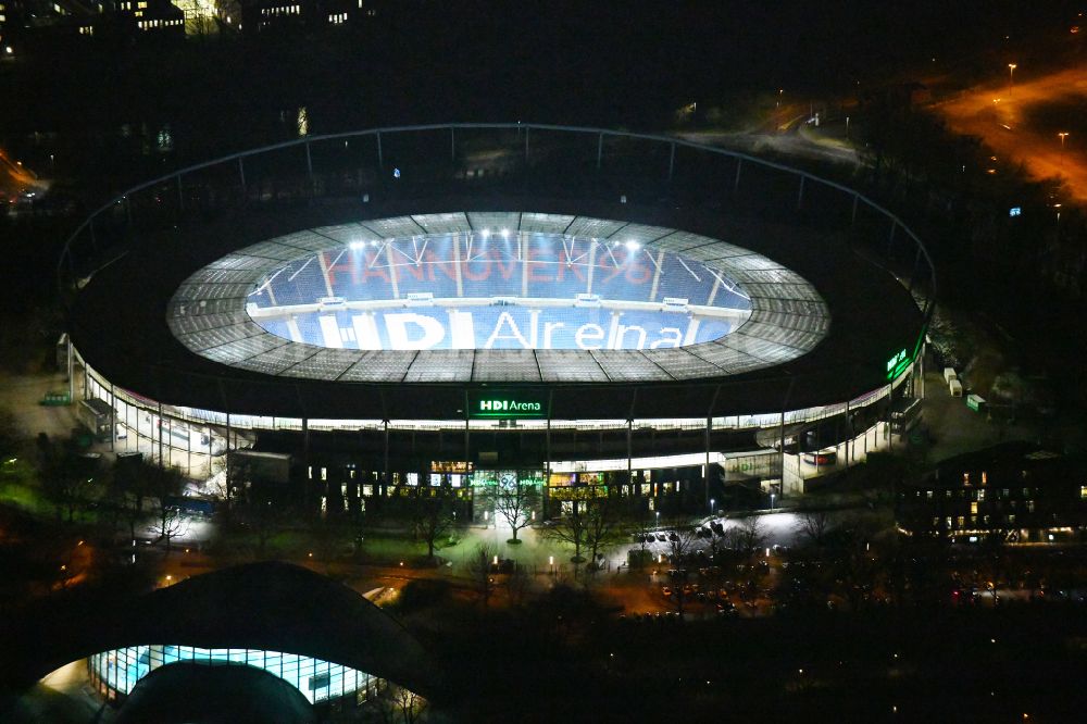 Hannover bei Nacht von oben - Nachtluftbild Stadion der Heinz von Heiden Arena im Stadtteil Calenberger Neustadt von Hannover in Niedersachsen