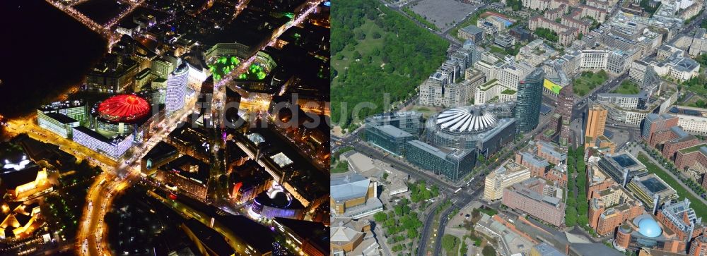 Nacht-Luftaufnahme Berlin - Stadtteilzentrum am Potsdamer Platz und Leipziger Platz in der Hauptstadt Berlin bei Tag und bei Nacht