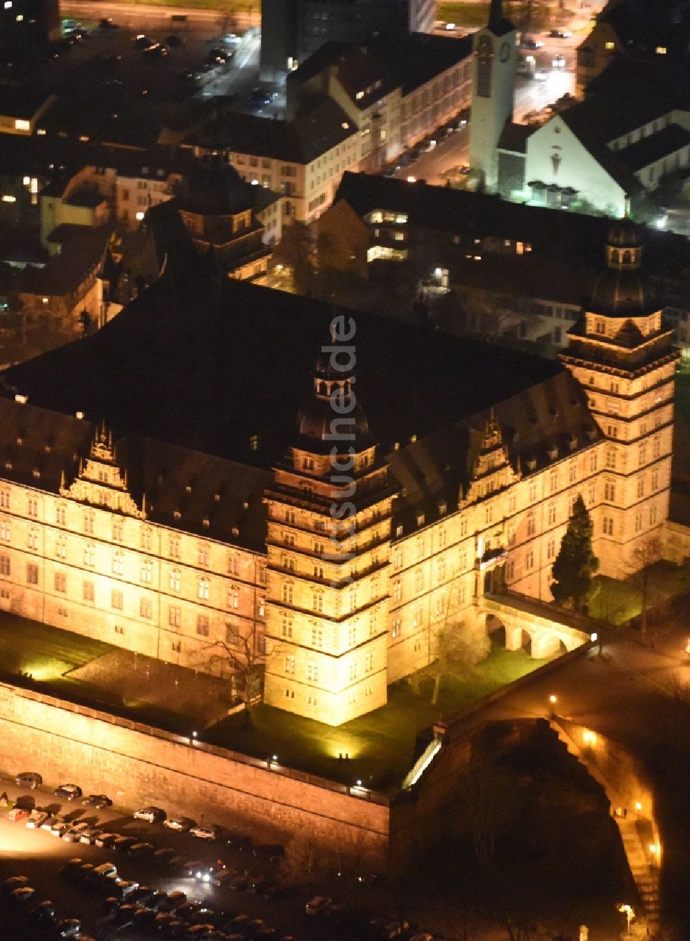 Nachtluftbild Aschaffenburg - Nachtluftbild Wasserschloß Schloss Johannisburg in Aschaffenburg im Bundesland Bayern